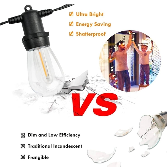 50FT S14 LED Outdoor String Lights 18 Shatterproof Plastic Bulbs (2 Spare) - Picture 6 of 6